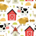 Seamless pattern with cartoon cow, goose, horse, barn, mill, decor elements. Farm. Flat colorful vector for kids.